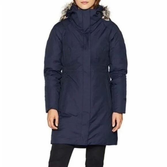 The North Face Dryvent Arctic Parka Down Jacket Faux Fur Hood Navy Blue Medium - Picture 1 of 11
